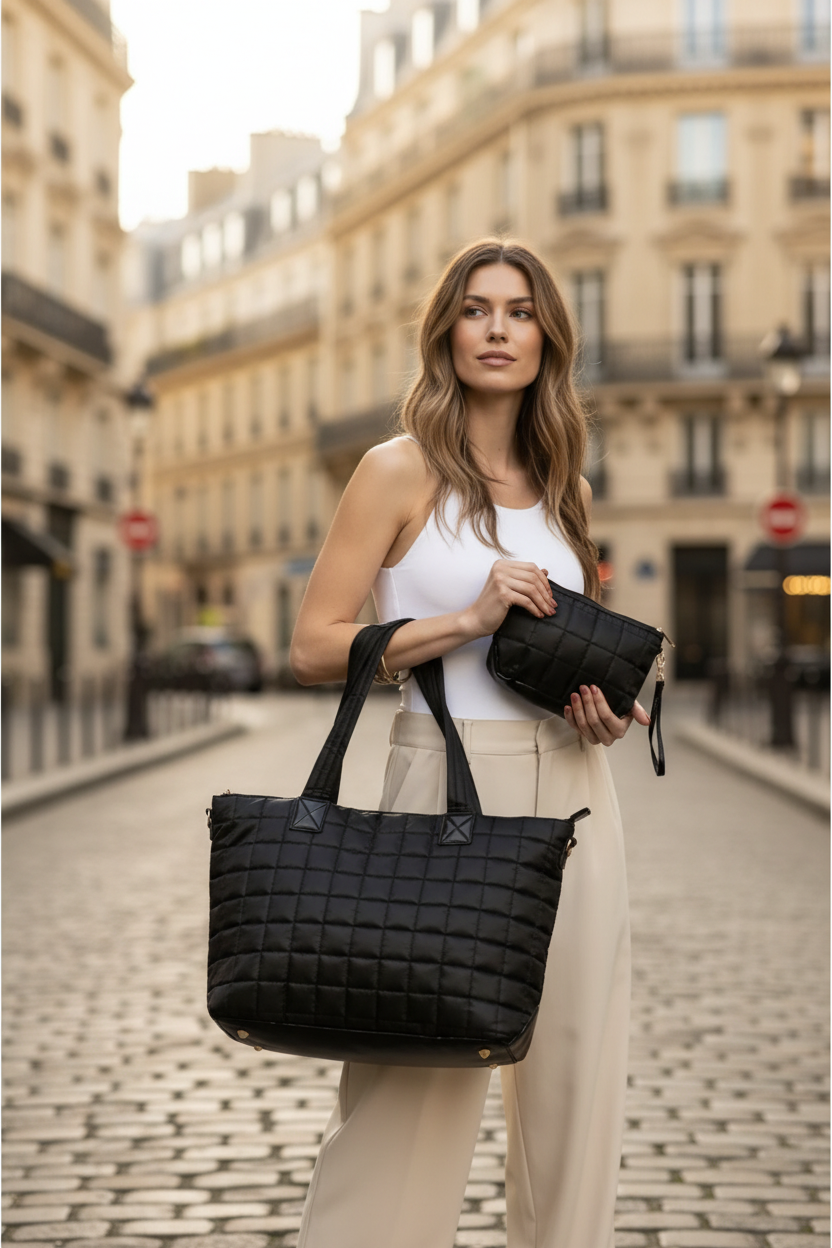 Ensemble cabas matelassé noir - style parisien haussmannien
