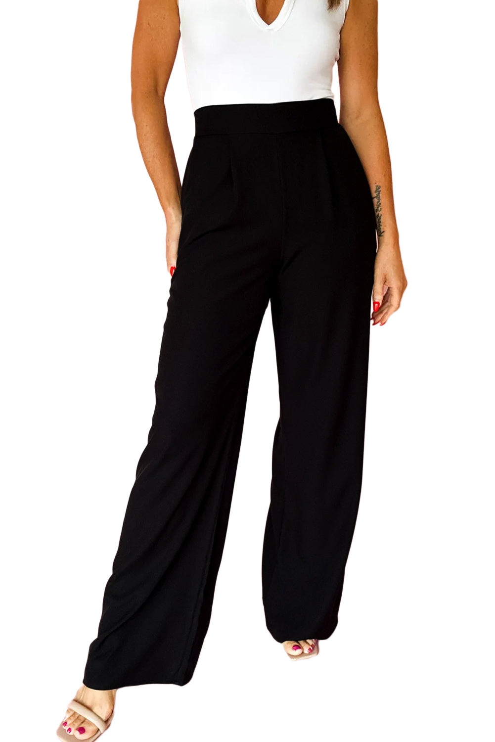 Pantalon Large Plissé Taille Haute – Enfilage Facile | Rouge & Noir