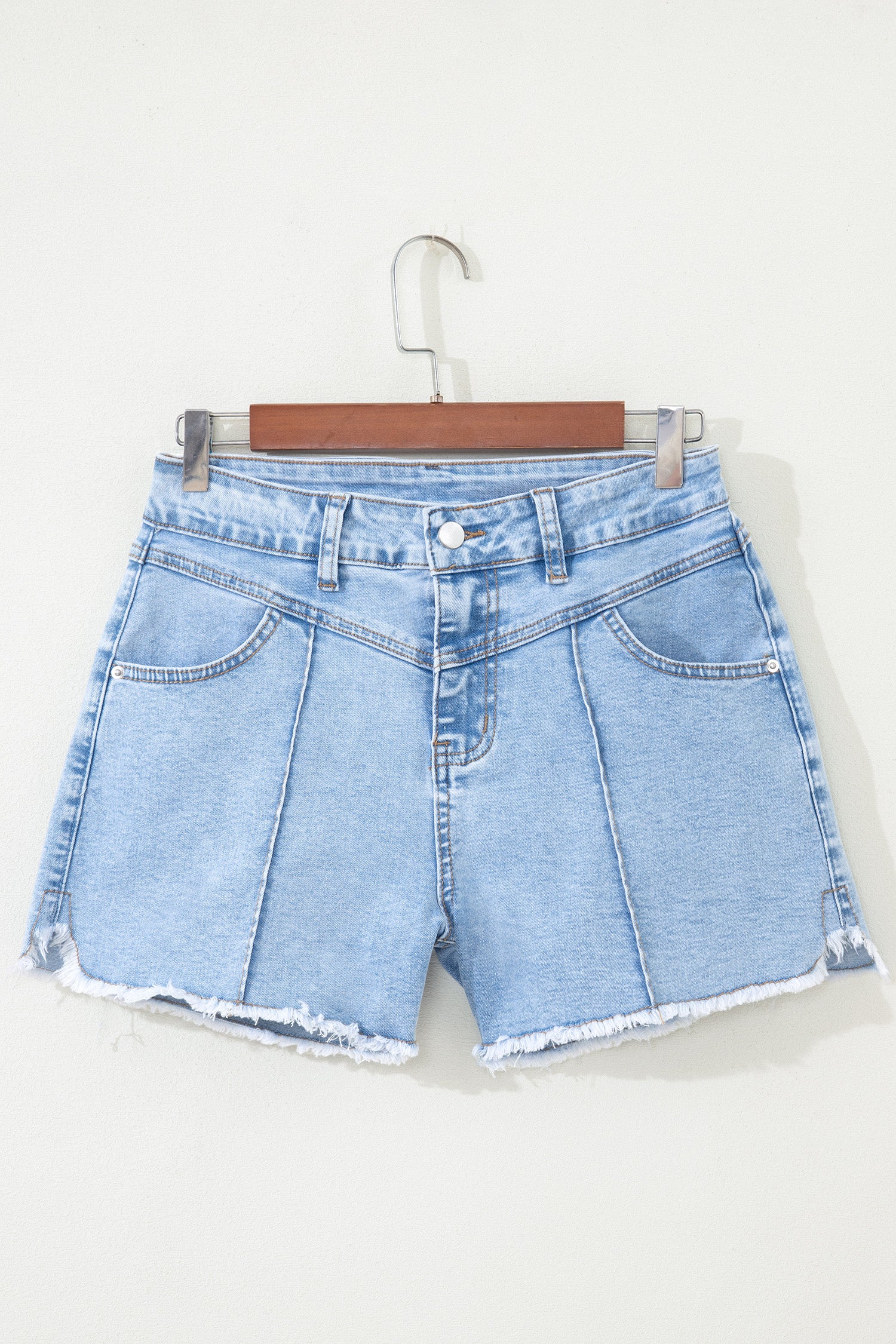 Short en jean taille haute effiloché — Bleu myosotis délavé