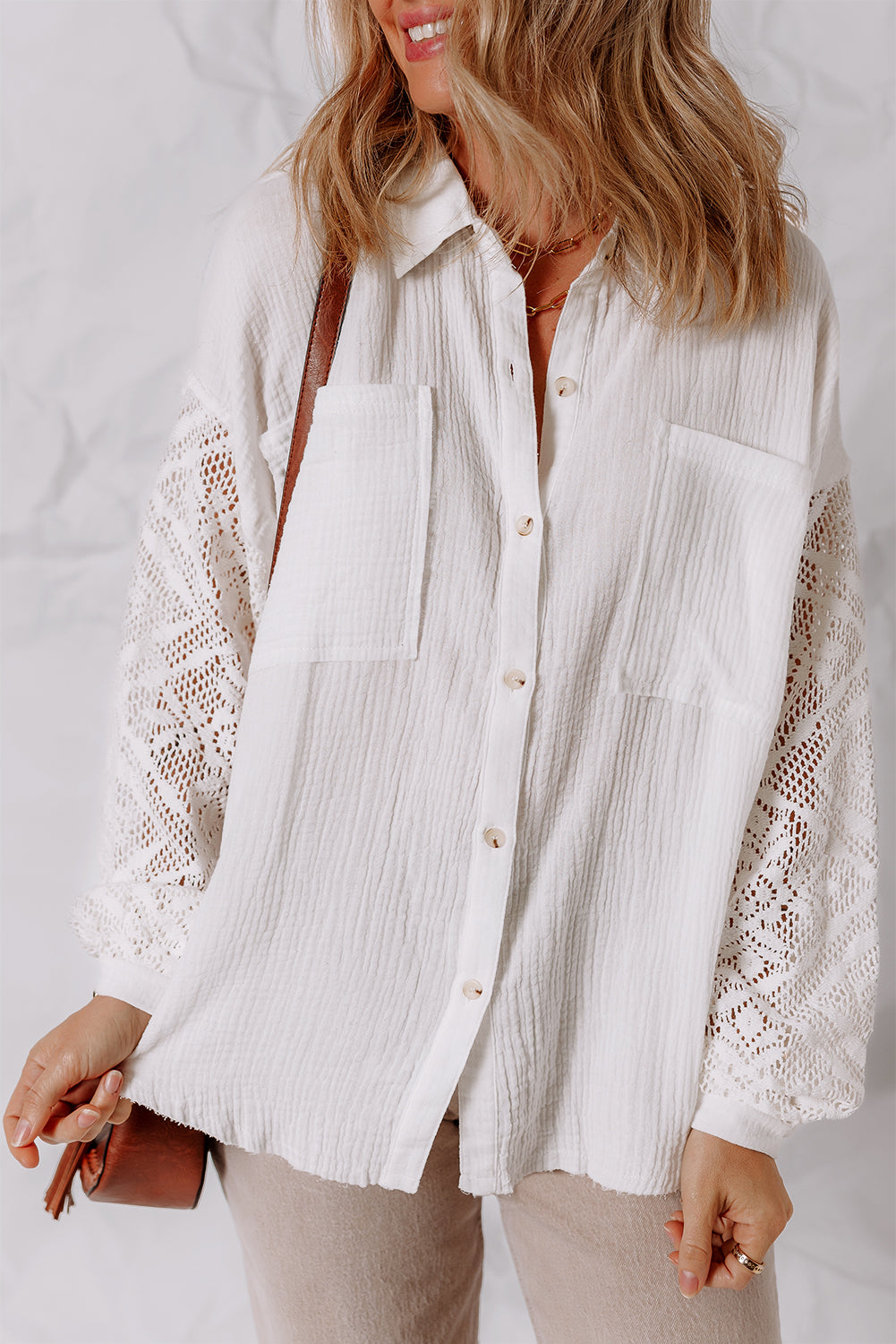 Chemise Gaze de Coton Blanc — Patchwork Dentelle et Manches Longues