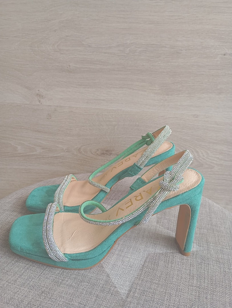 Sandales à talon Azarey - 36 - Turquoise - très bon état - strass et suédine