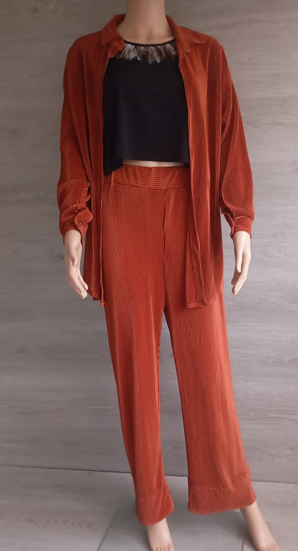 Ensemble fin fluide - chemise pantalon - Pronto Moda - Taille unique - marron orangé