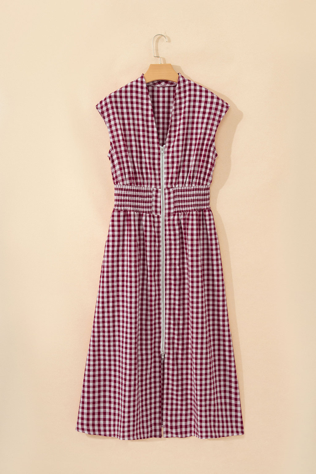 Robe maxi sans manches à imprimé vichy café — Fermeture éclair & taille cinée