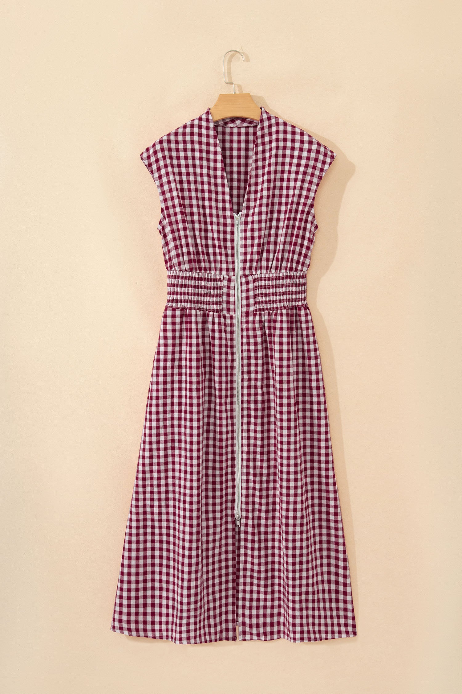 Robe maxi sans manches à imprimé vichy café — Fermeture éclair & taille cinée
