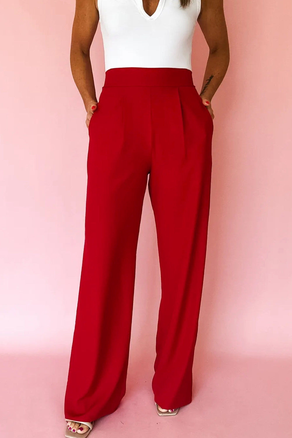 Pantalon Large Plissé Taille Haute – Enfilage Facile | Rouge & Noir