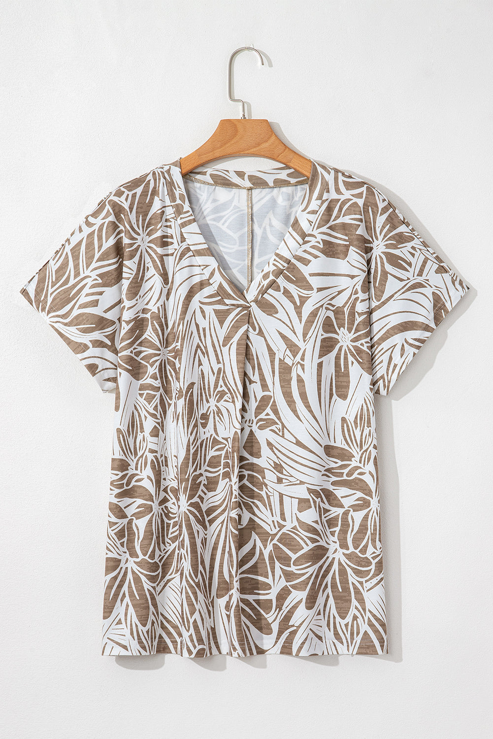 Blouse Florale Kaki – Col V, Manches Courtes, Coupe Ample