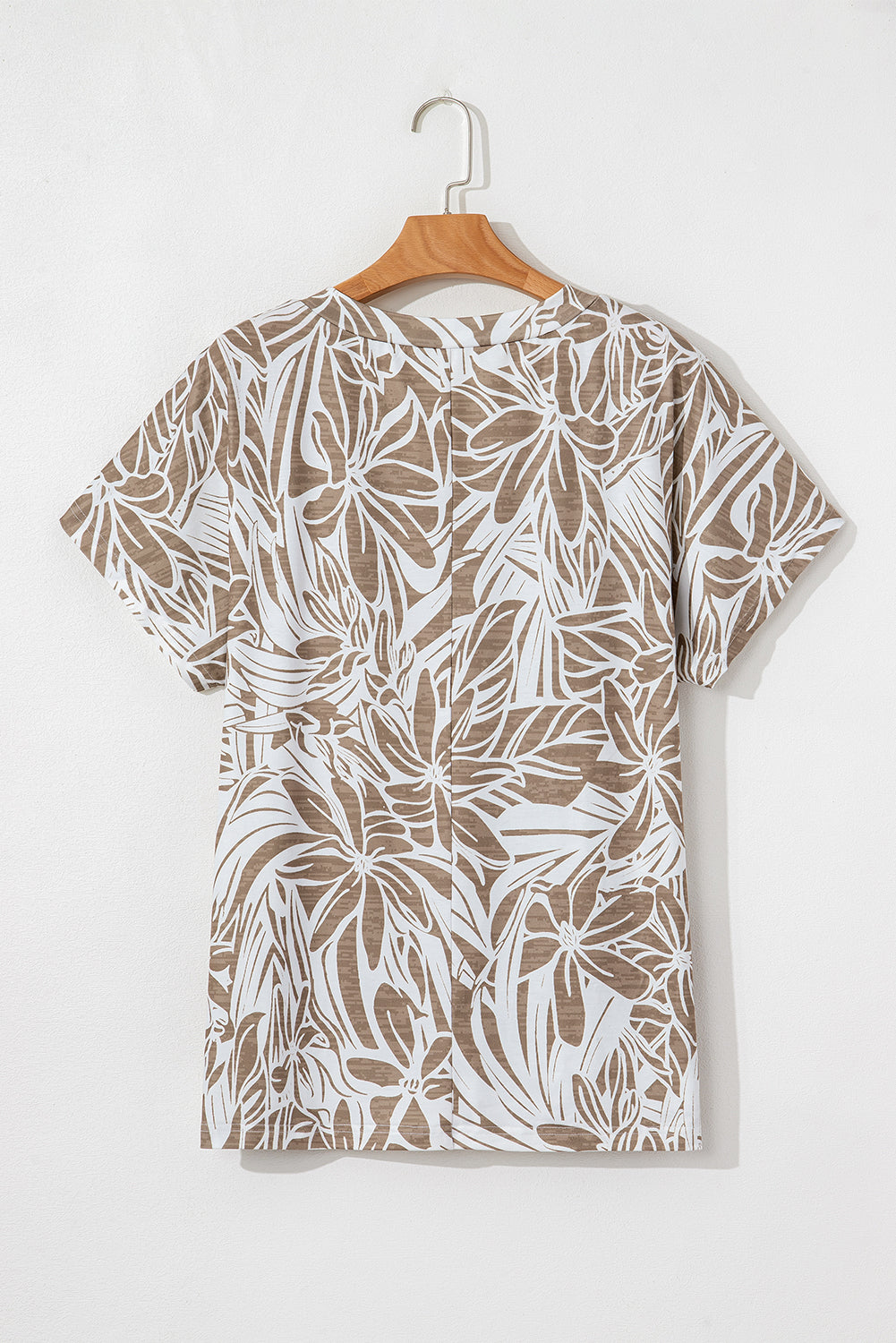 Blouse Florale Kaki – Col V, Manches Courtes, Coupe Ample
