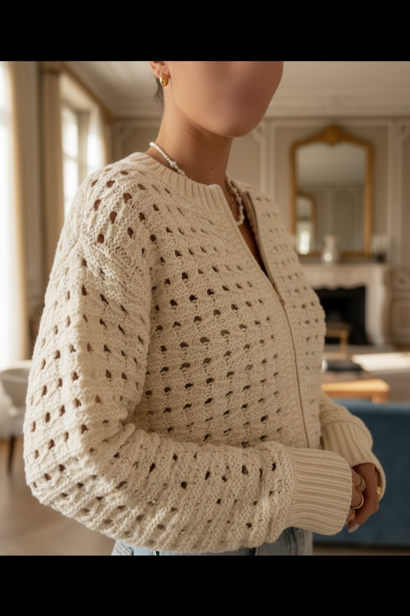 Gilet beige ajouré – plan rapproché texture