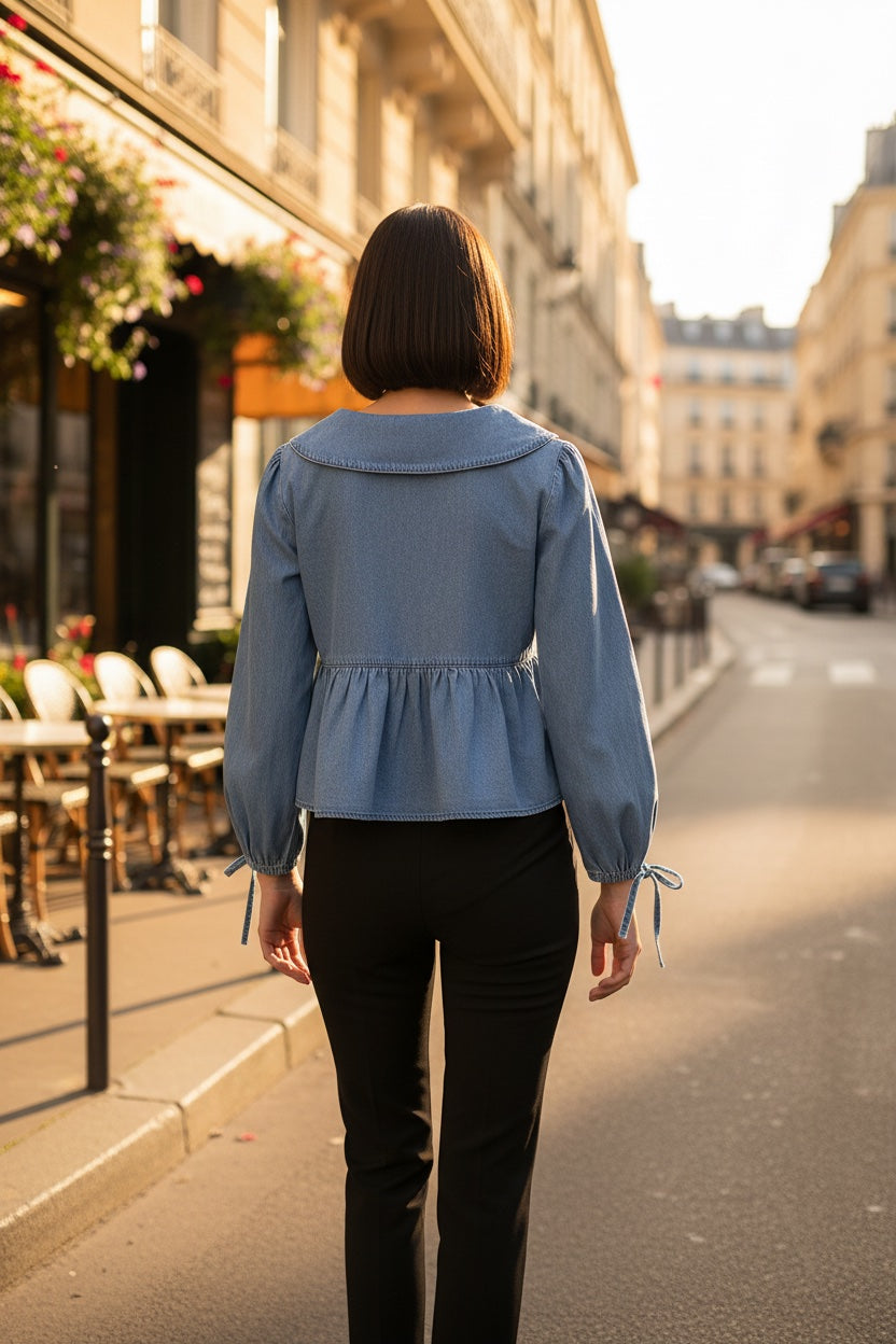 Haut Péplum Denim Bleu Crépuscule — Col en V à Nouer et Manches Ballon