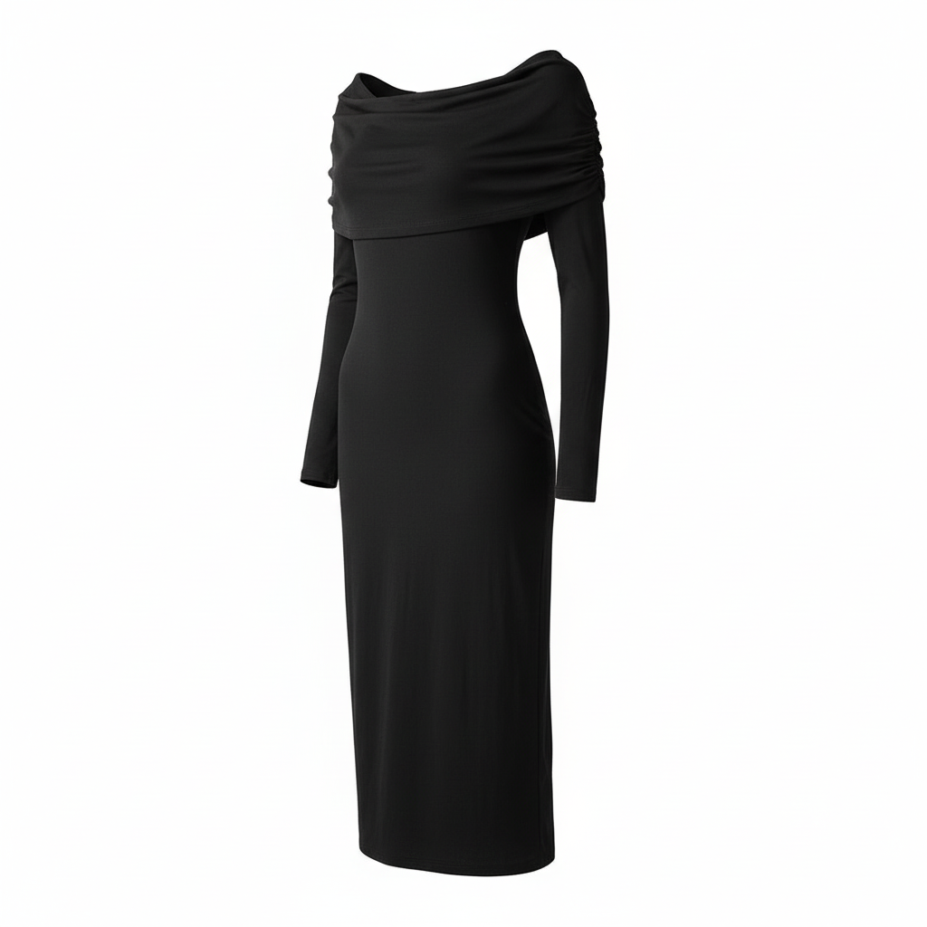 Robe longue midi - H&m - manches longues - Xs - Noir - Neuf - col bateau drapé - stretch