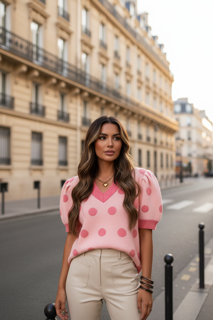 Pull Bleu Ciel à Pois Blancs – Col en V, Manches Courtes Bouffantes