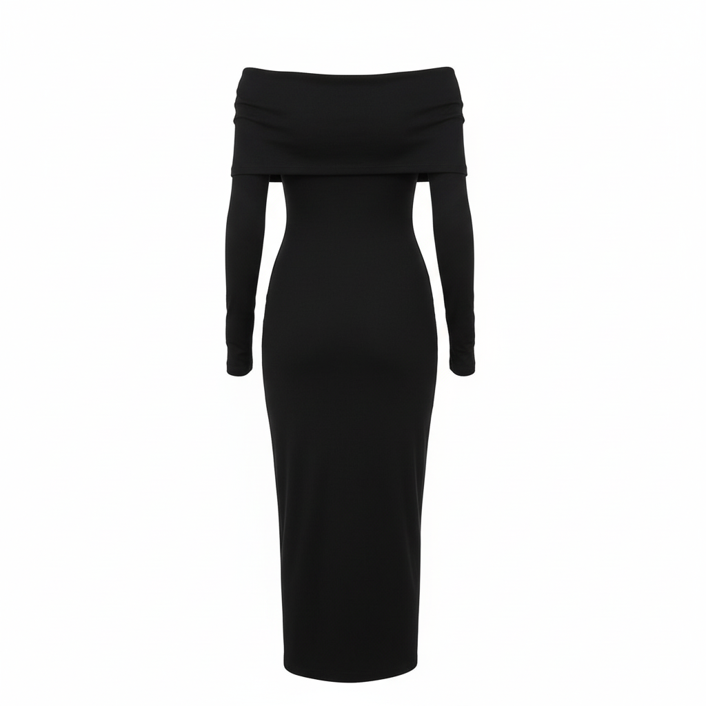 Robe longue midi - H&m - manches longues - Xs - Noir - Neuf - col bateau drapé - stretch