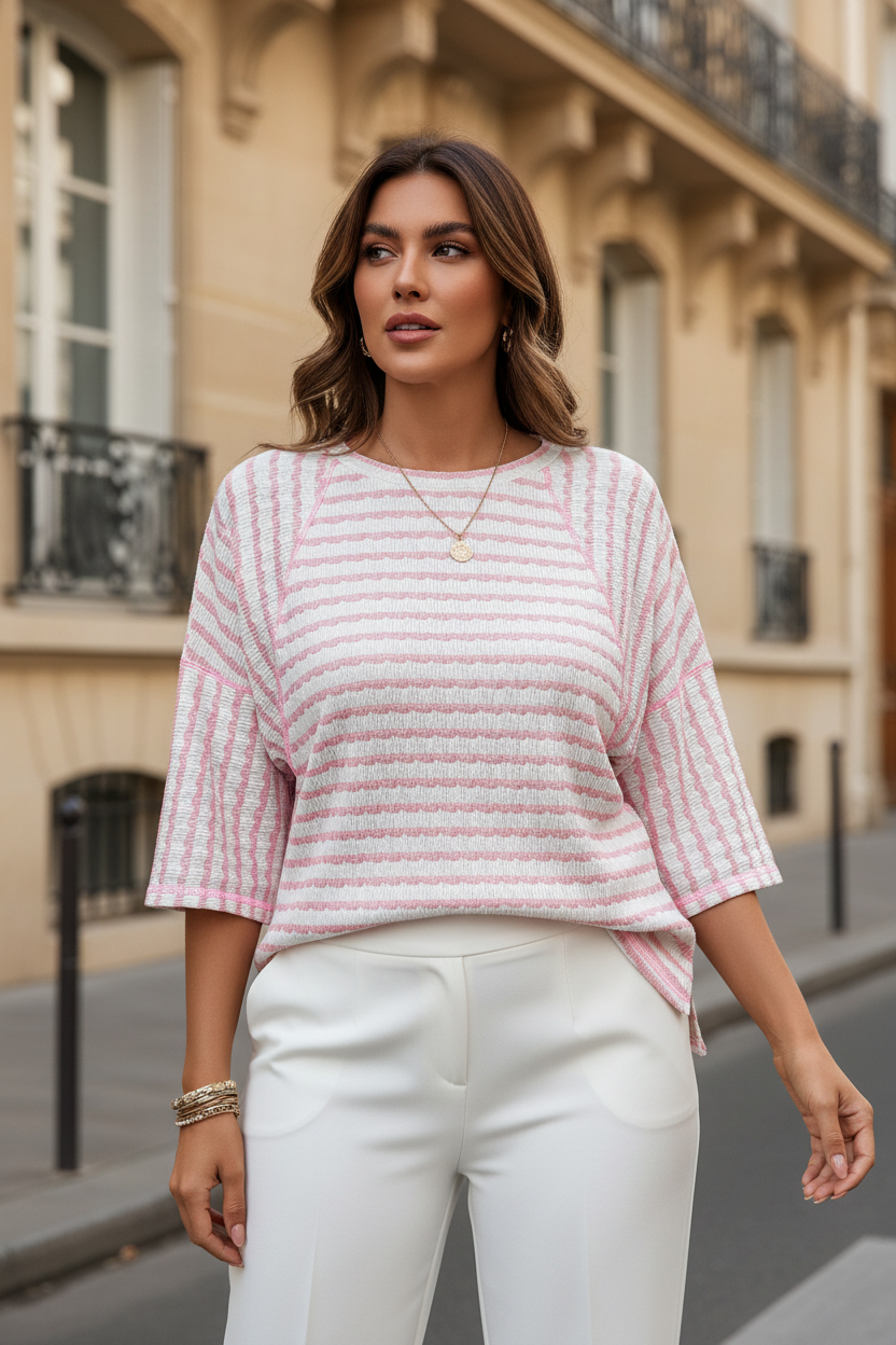 Haut ample à rayures grande taille — maille texturée, manches courtes