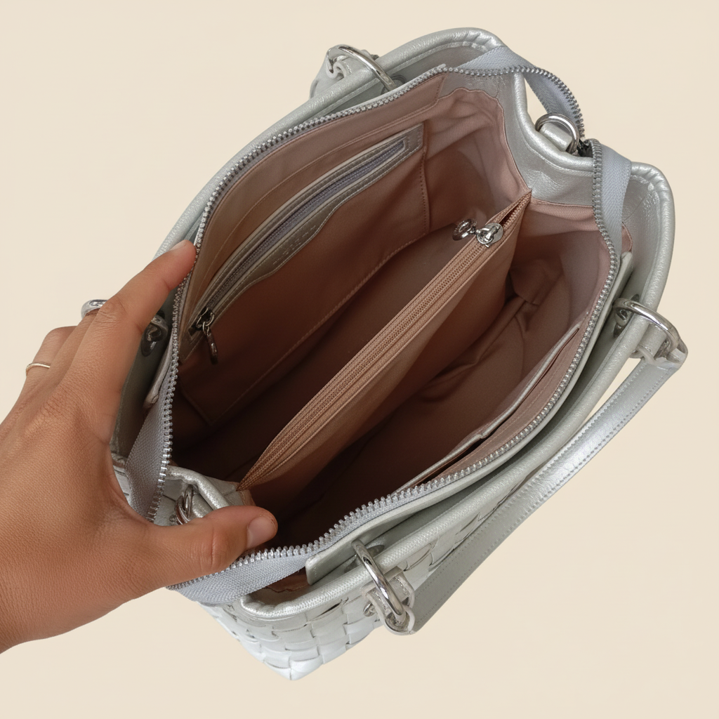 Sac Porté Main Tressé Argenté Fuchsia – Bandoulière Amovible | Neuf | Seconde Main