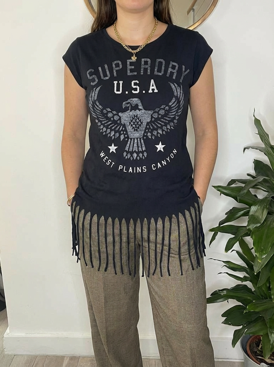 Débardeur noir graphique à franges — Superdry — Taille XS — Très bon état