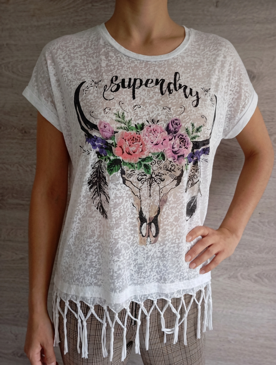 T-shirt blanc à franges & imprimé bohème — Superdry — Taille S — Très bon état