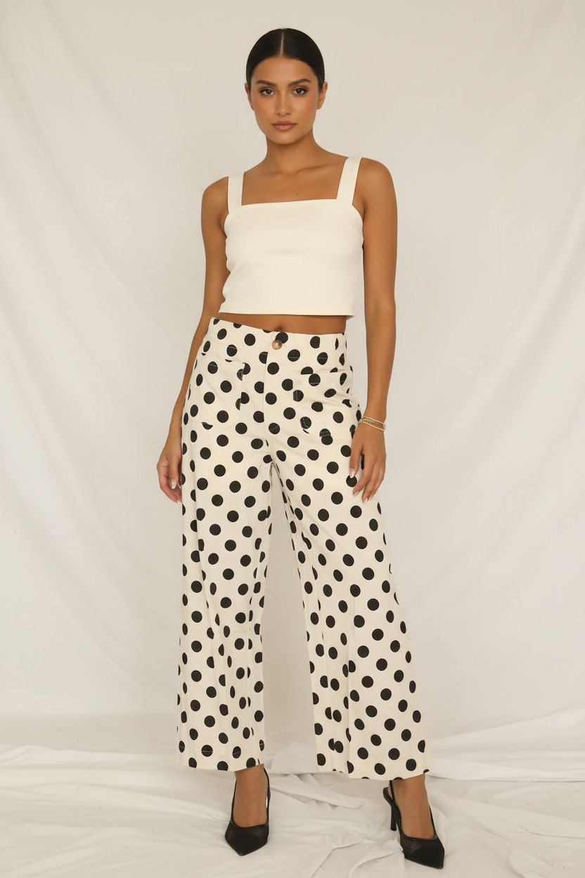 Pantalon crème pois noirs - face