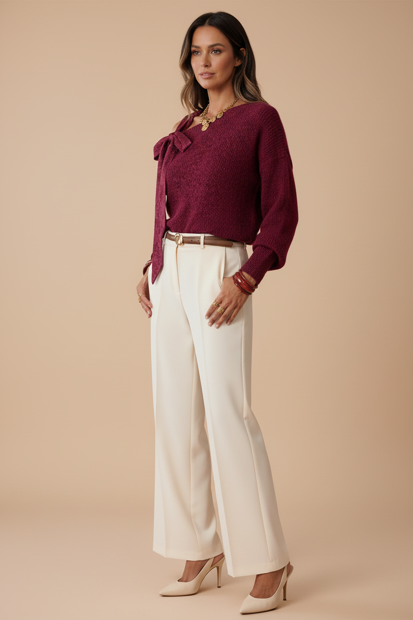 Pull bordeaux - 3/4 nœud - fond beige