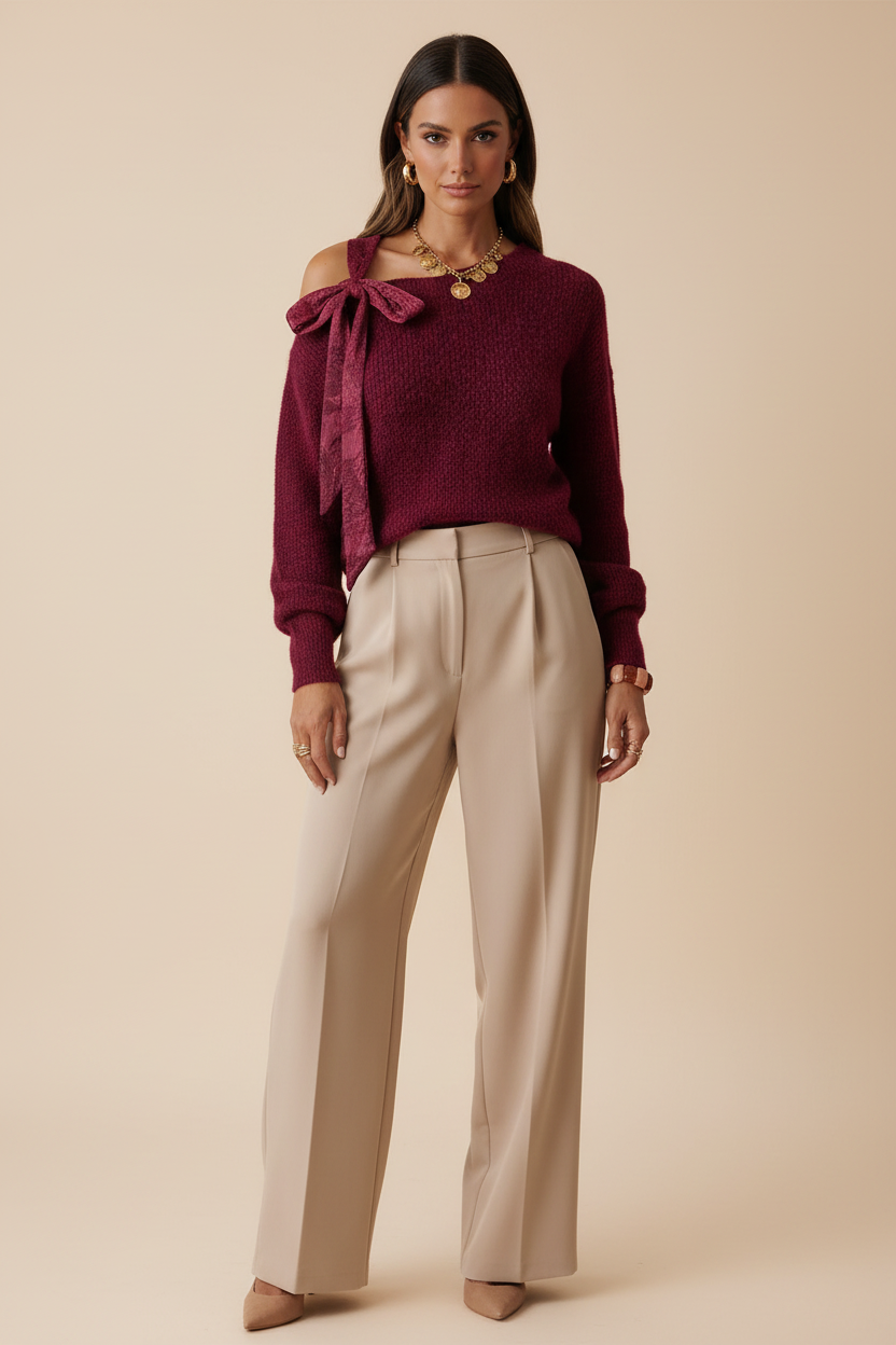 Pull bordeaux - face nœud - fond beige