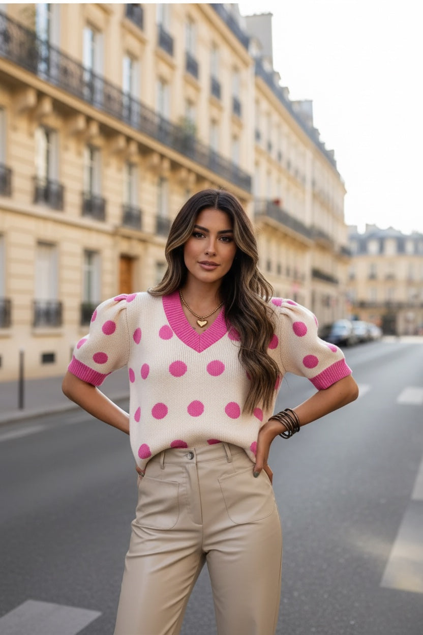 Pull Bleu Ciel à Pois Blancs – Col en V, Manches Courtes Bouffantes