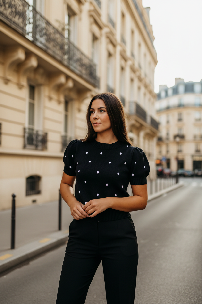 Pull noir pois blancs – rue parisienne