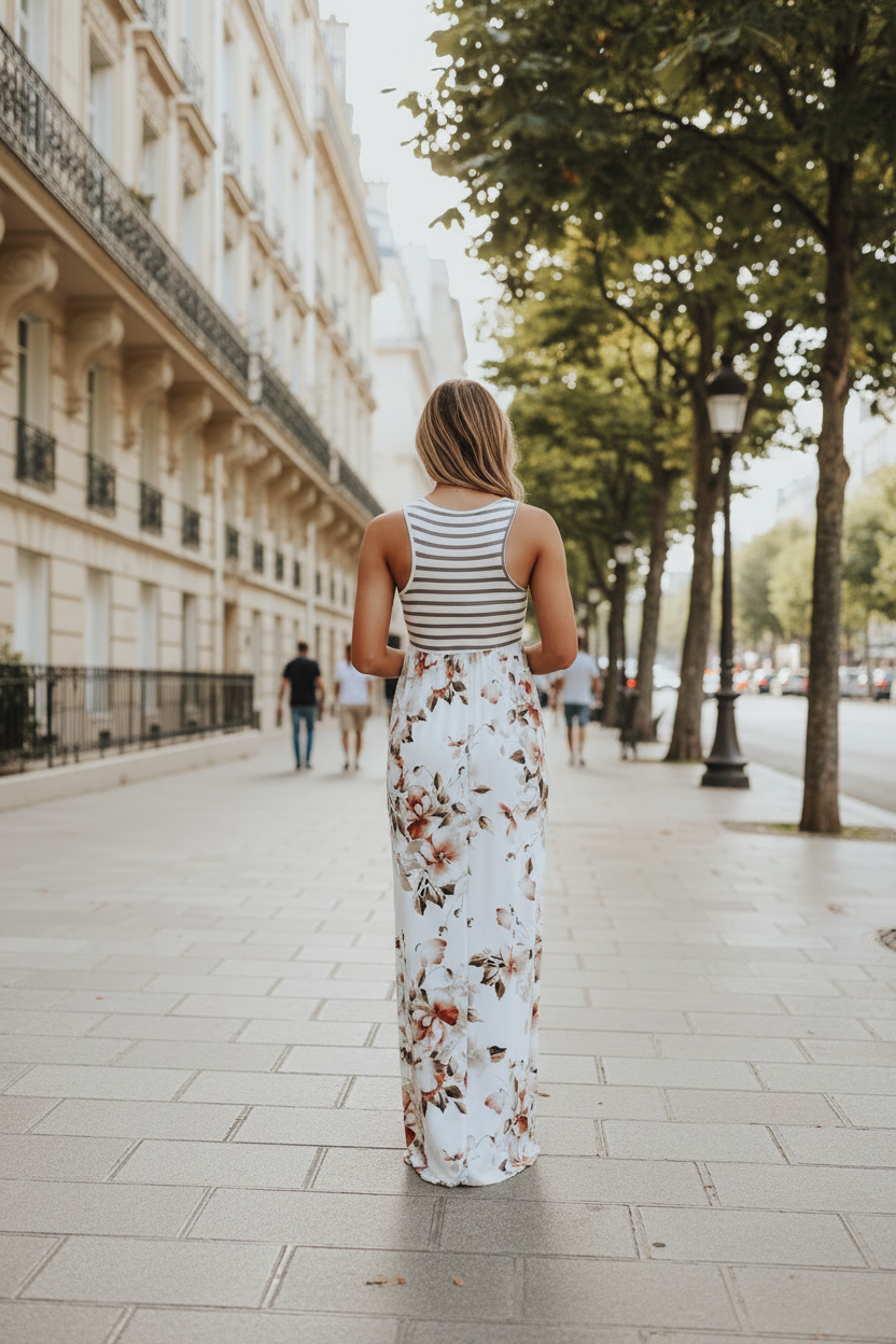 Robe longue bohème – vue de dos rue parisienne
