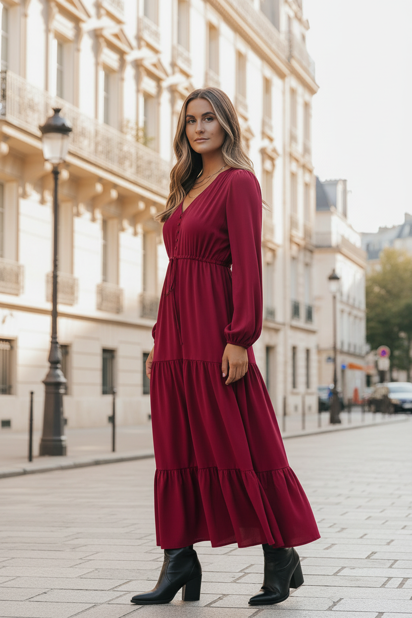 Robe maxi bordeaux - 3/4 - mannequin KiyaDressPro