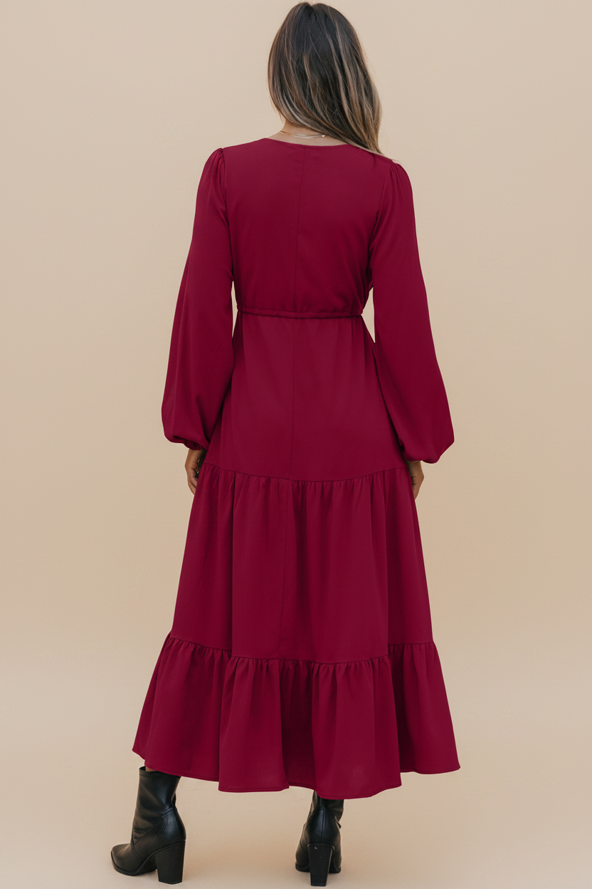 Robe maxi bordeaux - dos - fond beige KiyaDressPro