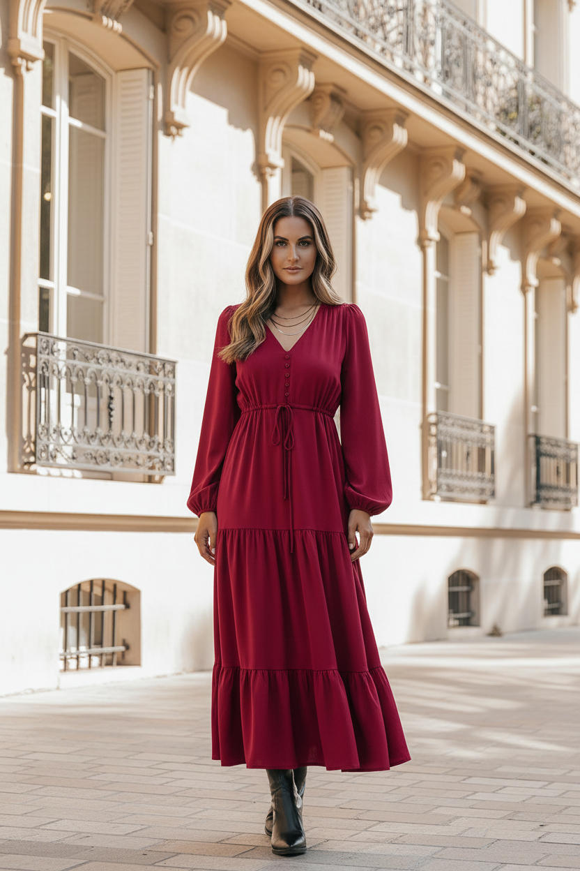Robe maxi bordeaux - face - mannequin KiyaDressPro