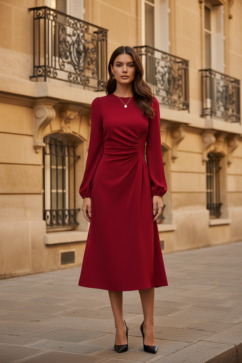 Robe midi rouge - face - rue haussmannienne