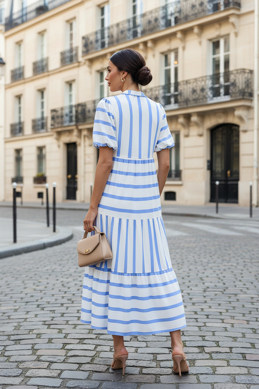 Robe rayures bleu ciel - mannequin de dos parisien