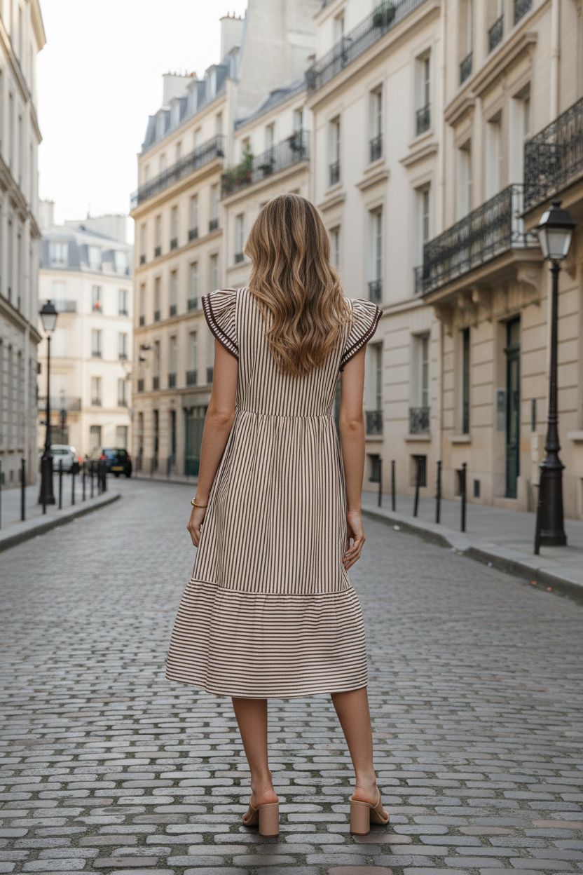Robe rayures brunes - dos rue parisienne