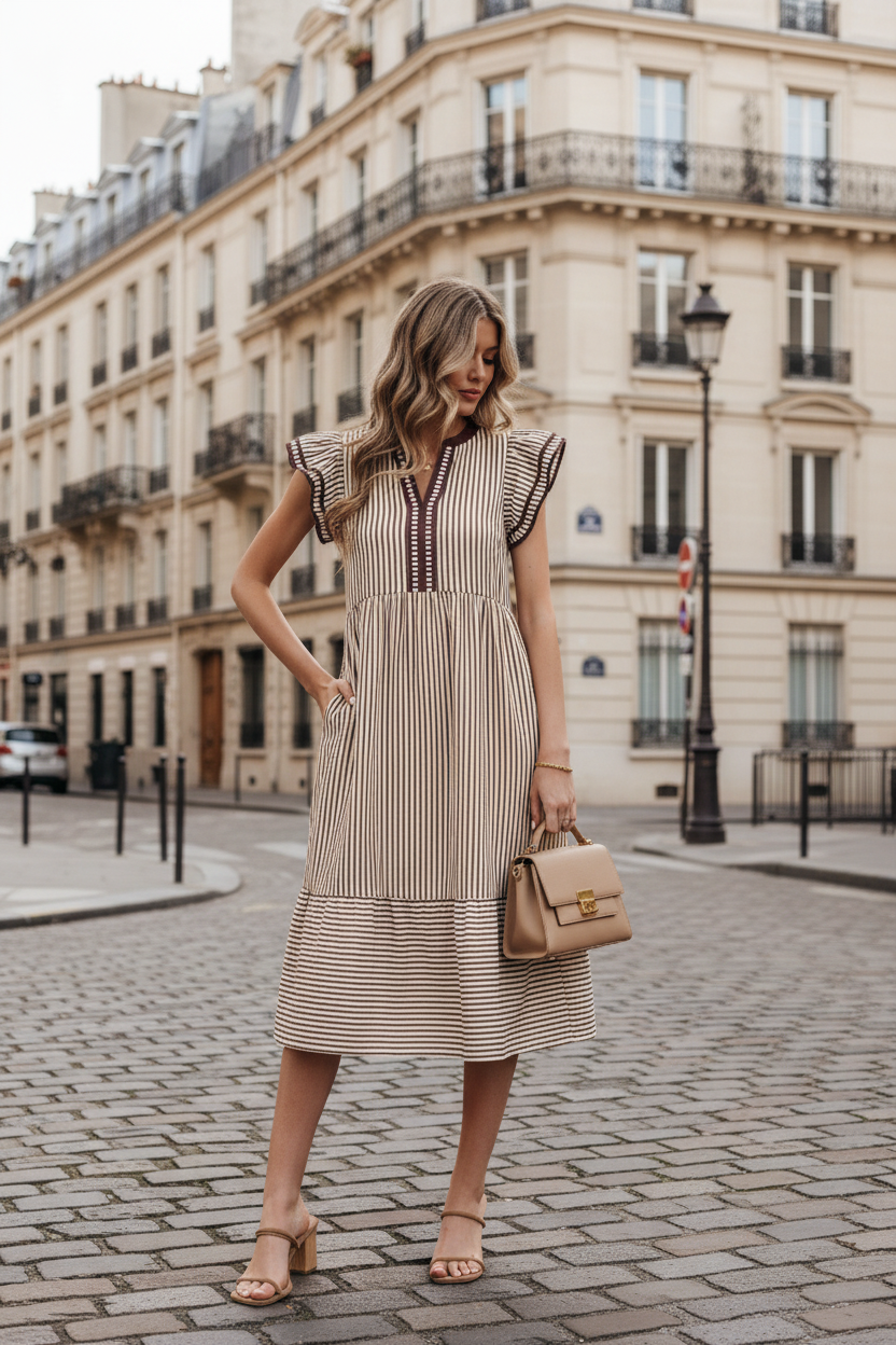 Robe rayures brunes - face rue parisienne