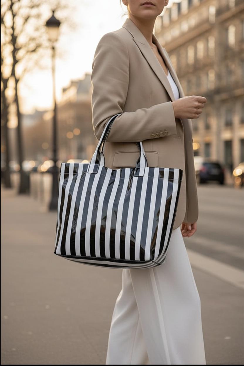 Sac cabas rayures noir blanc - style parisien haussmannien