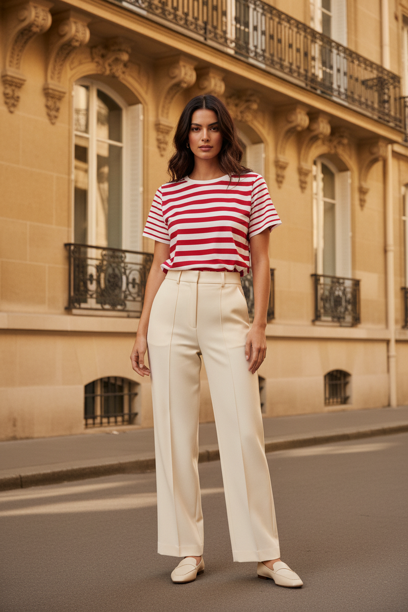 T-shirt rayures rouges — pantalon façade haussmannienne