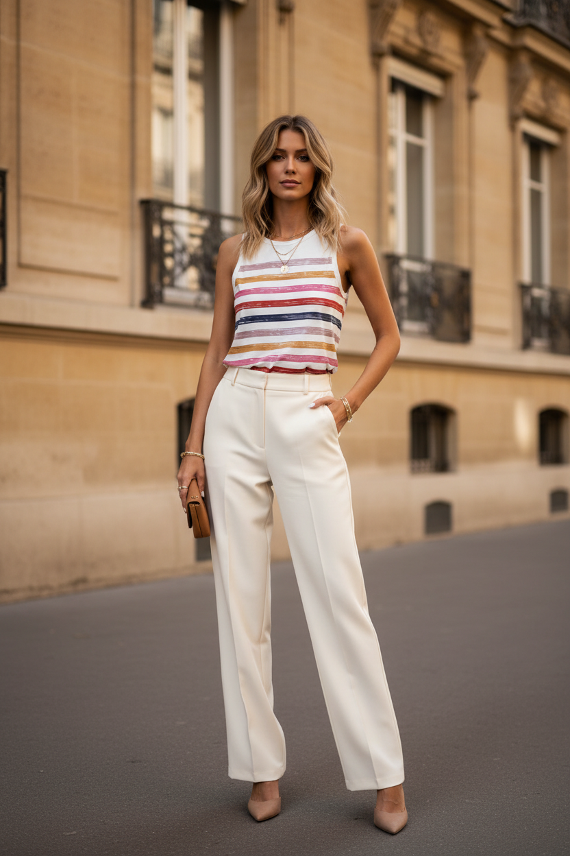 Tenue 1 – Pantalon large crème, façade haussmannienne