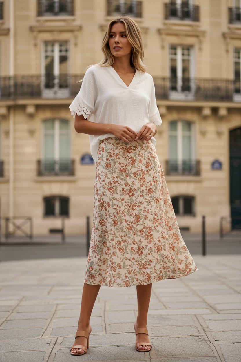Tenue – Jupe midi florale terracotta