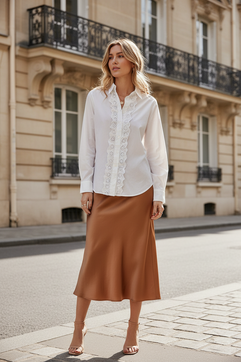 Tenue – Jupe midi satin caramel