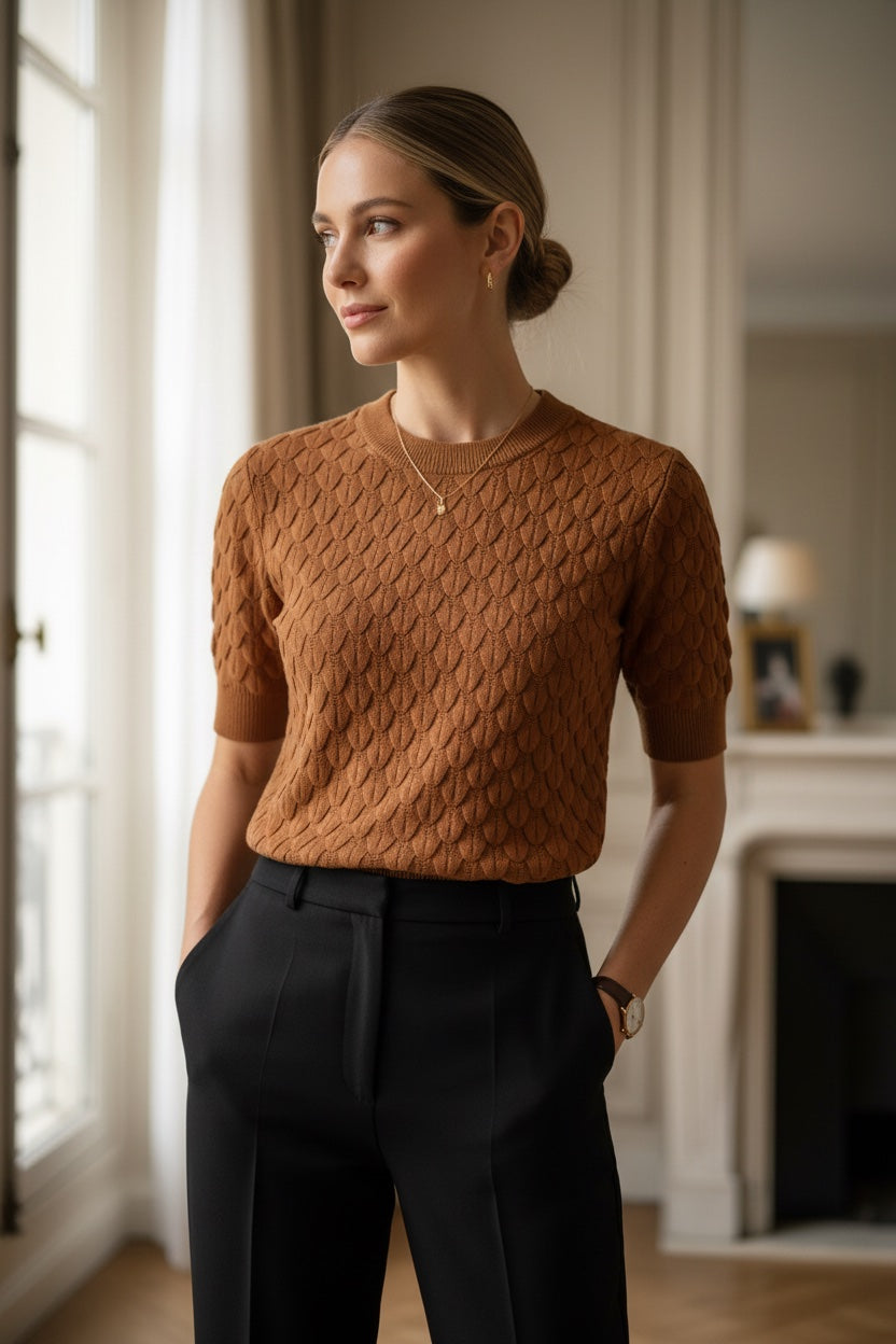 Top en Maille Texturée Écailles – Col Rond, Manches Courtes
