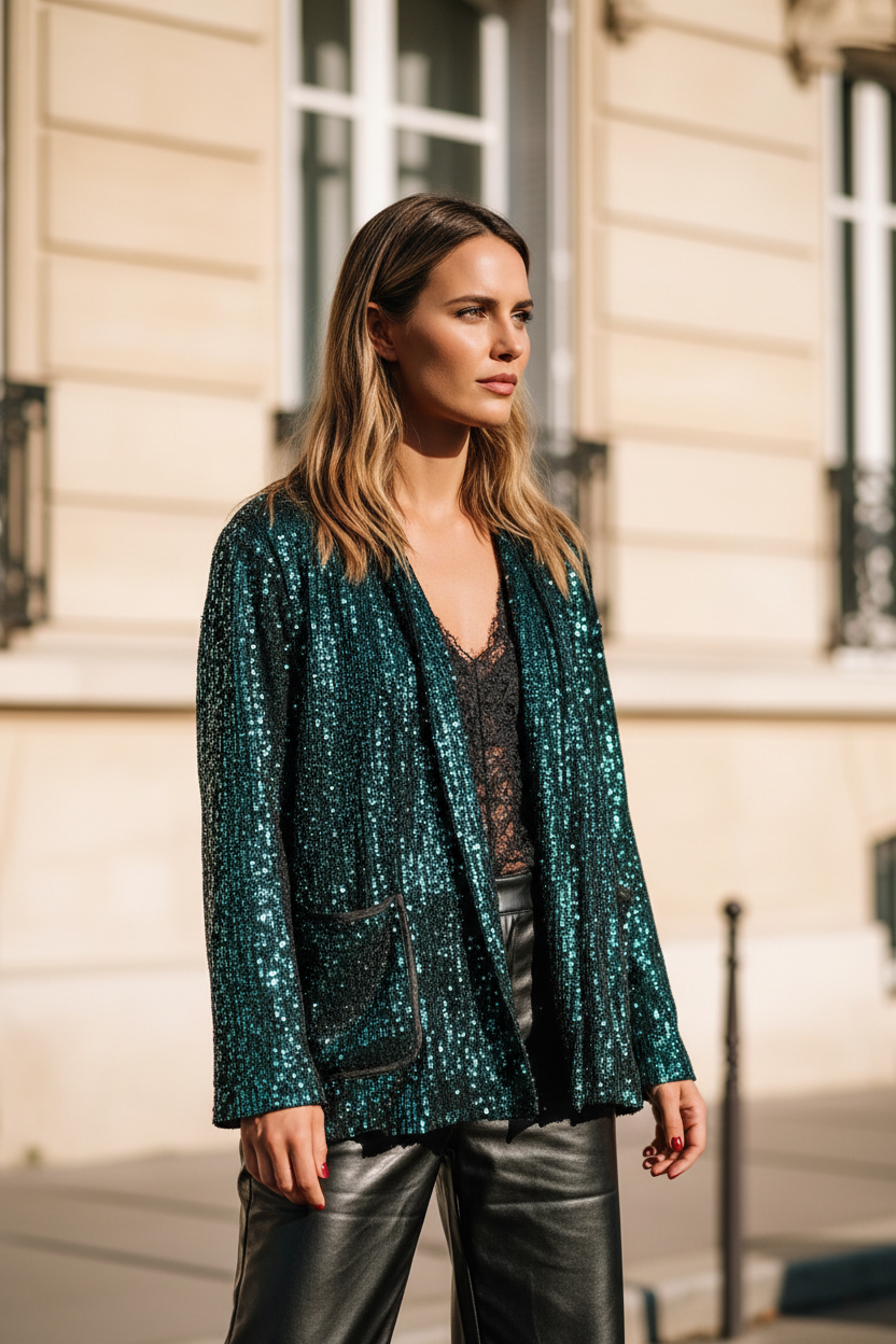 Top sequins vert - détail - mannequin cohérent